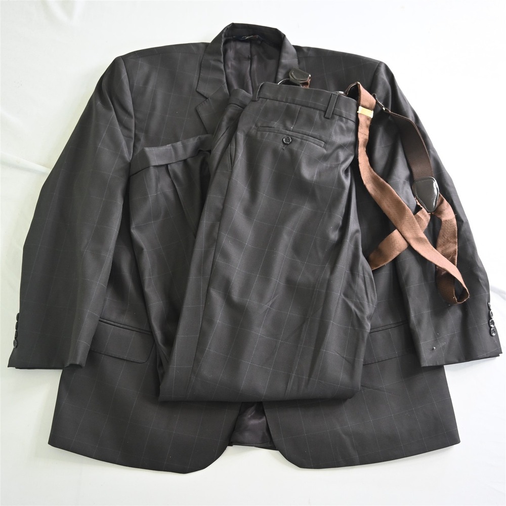 Joseph & Feiss 52R 38x29 Brown Windowpane 100%‎ Wool Mens Jacket Pants Suit